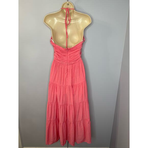 Lulus Chasing Sun Pink Tiered Keyhole Halter Midi Dress Vacation Beach M New - Picture 3 of 13